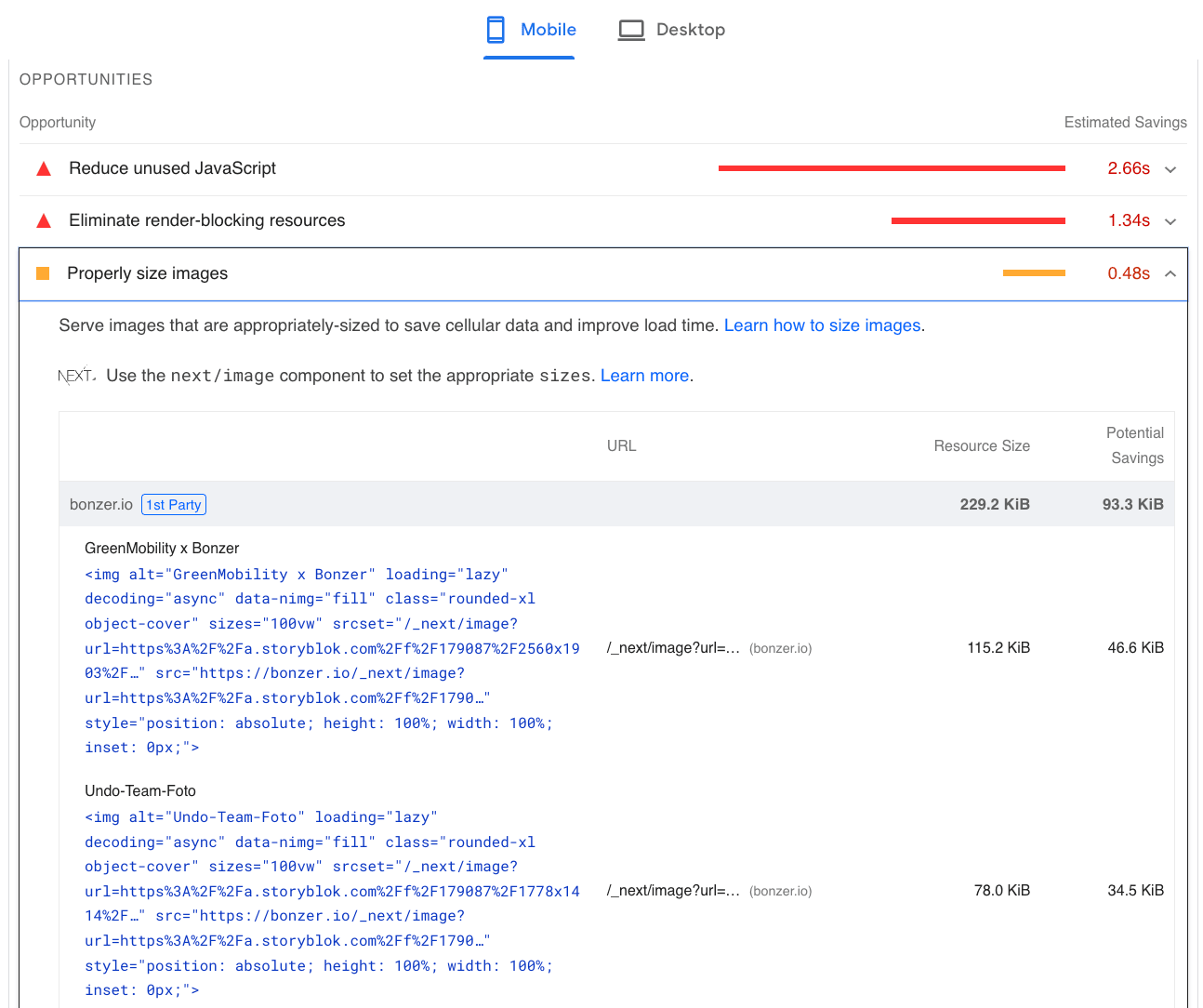 Result page from PageSpeed Insights with code