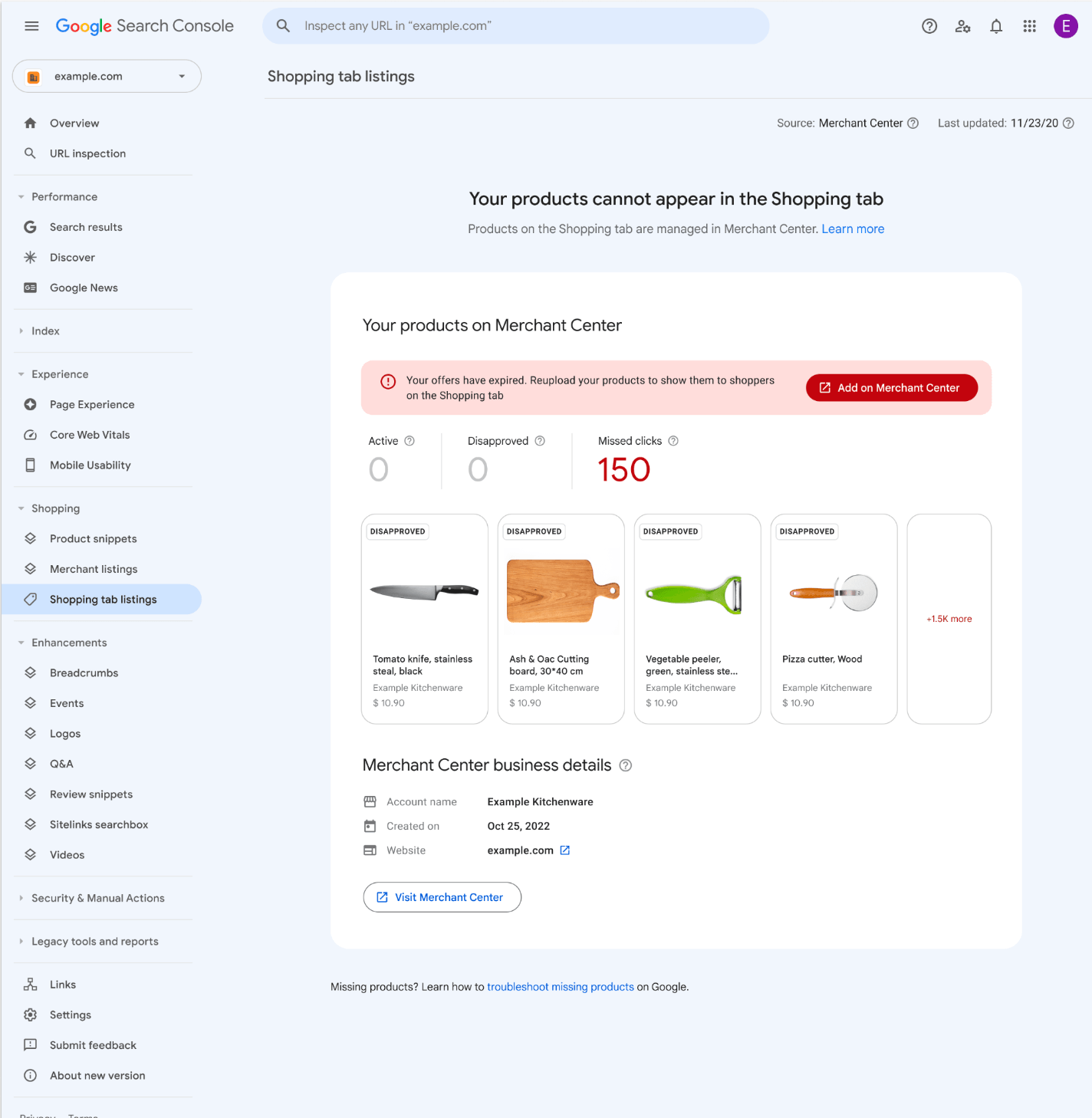 Shopping tab listings in Google Search Console