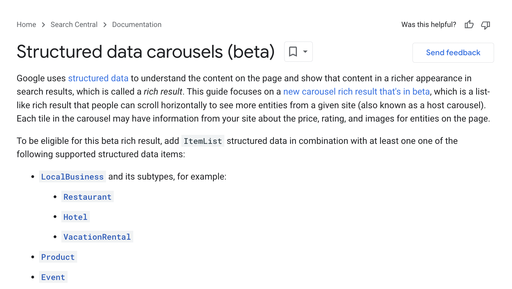 structured data carousels beta