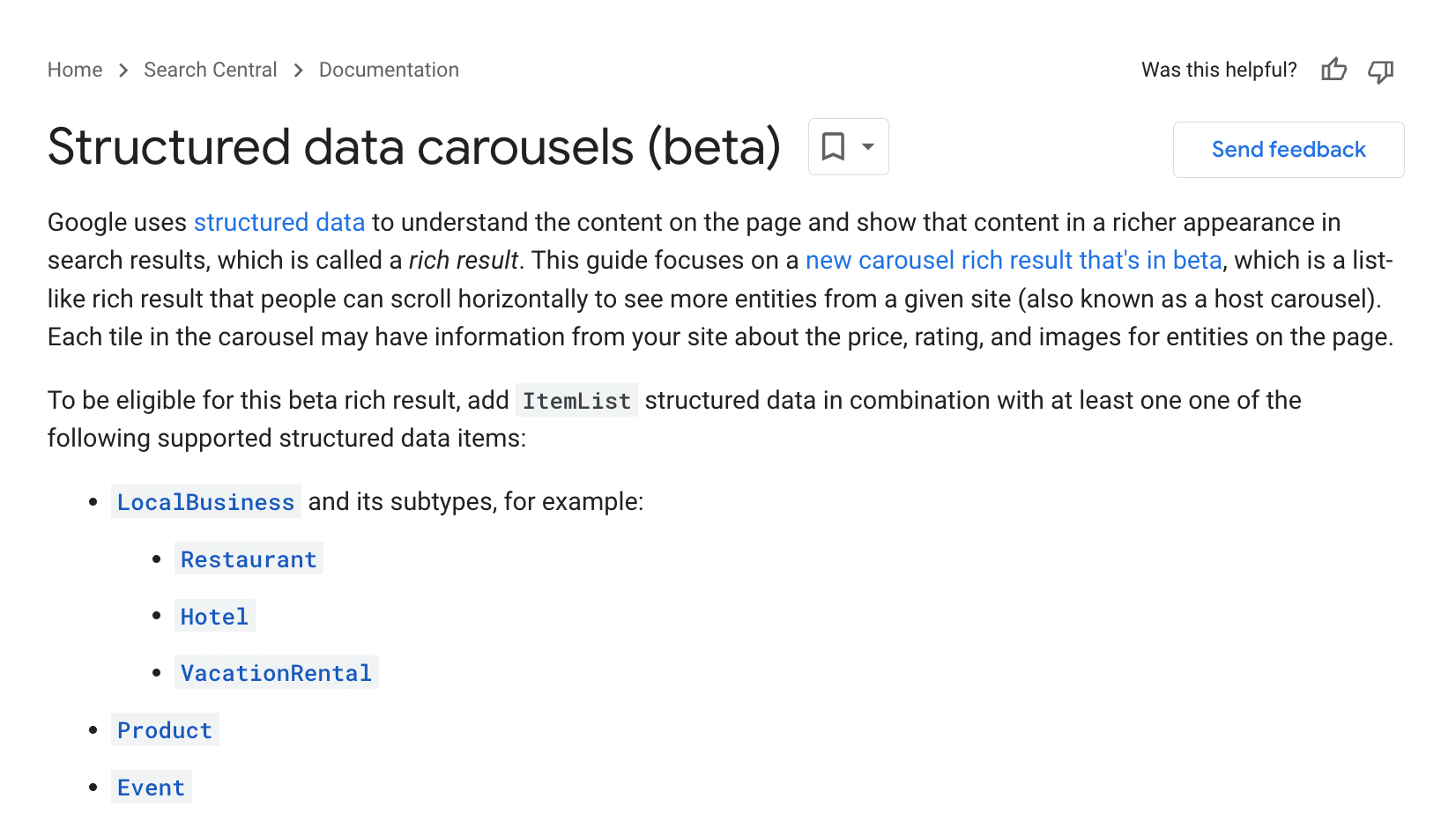 structured data carousels beta