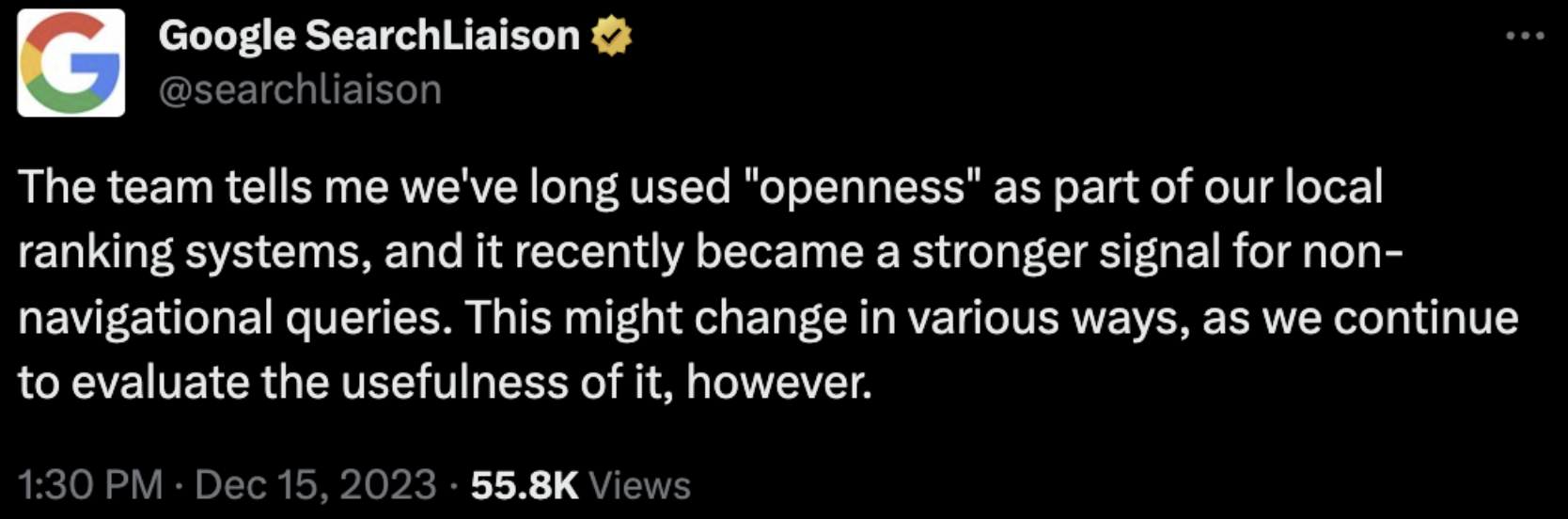 google searchliaison tweet on openness