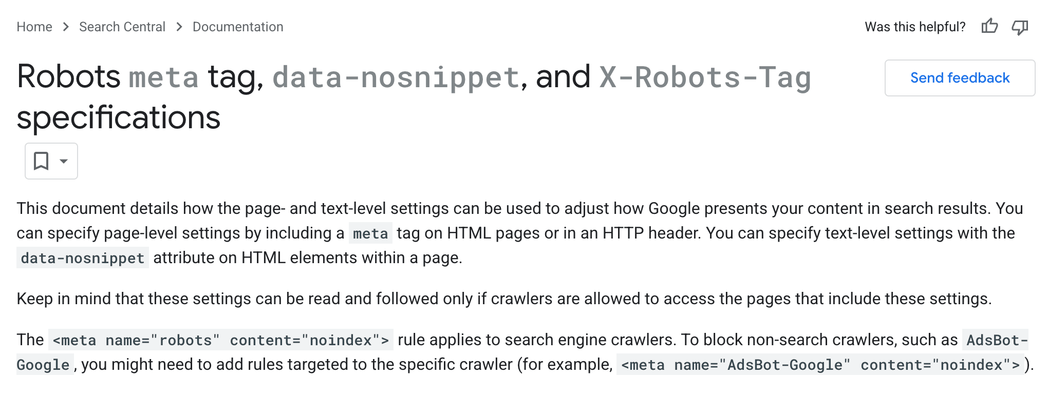 robots meta tag documentation