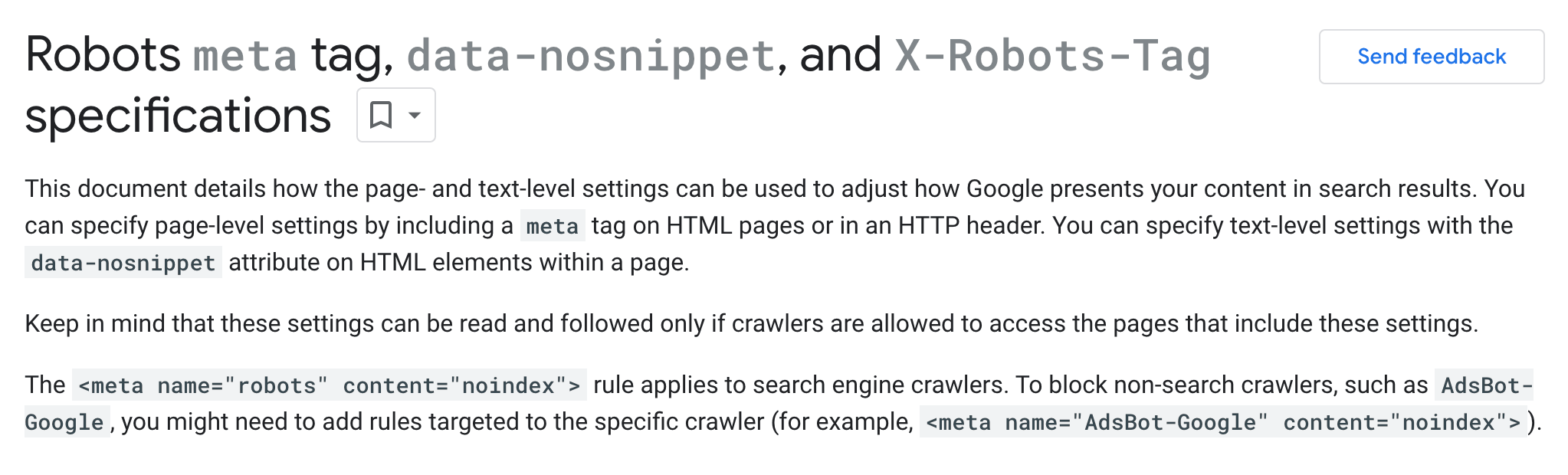 google robots meta tag documentation