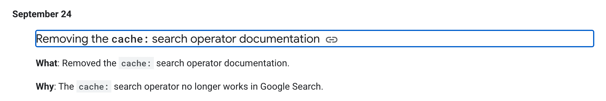 google removing the cache search operator documentation