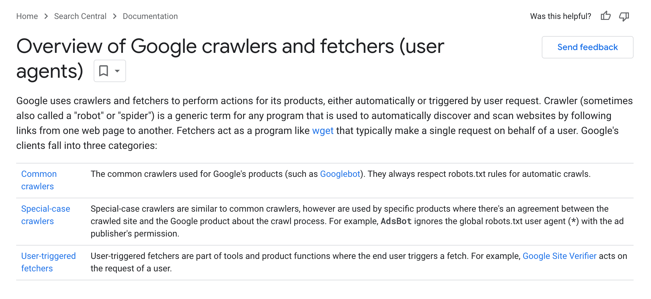 google crawler documentation