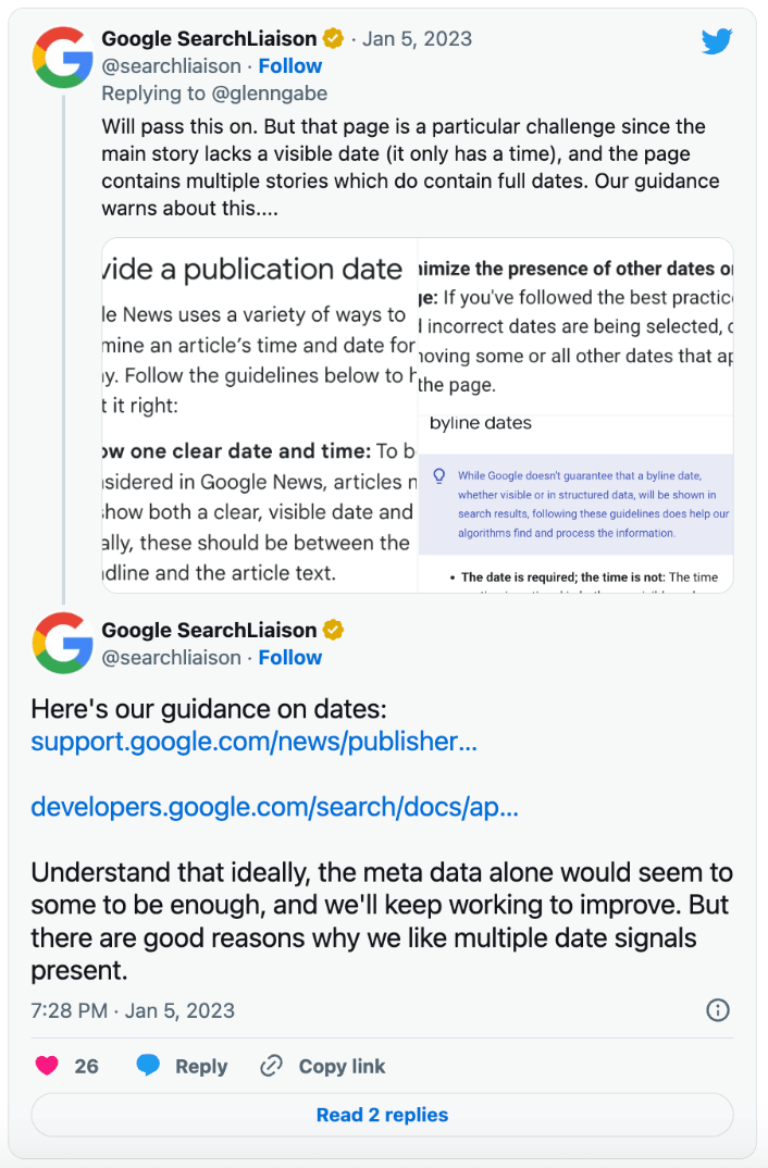 Twitter post from Google about how to use dates in your posts