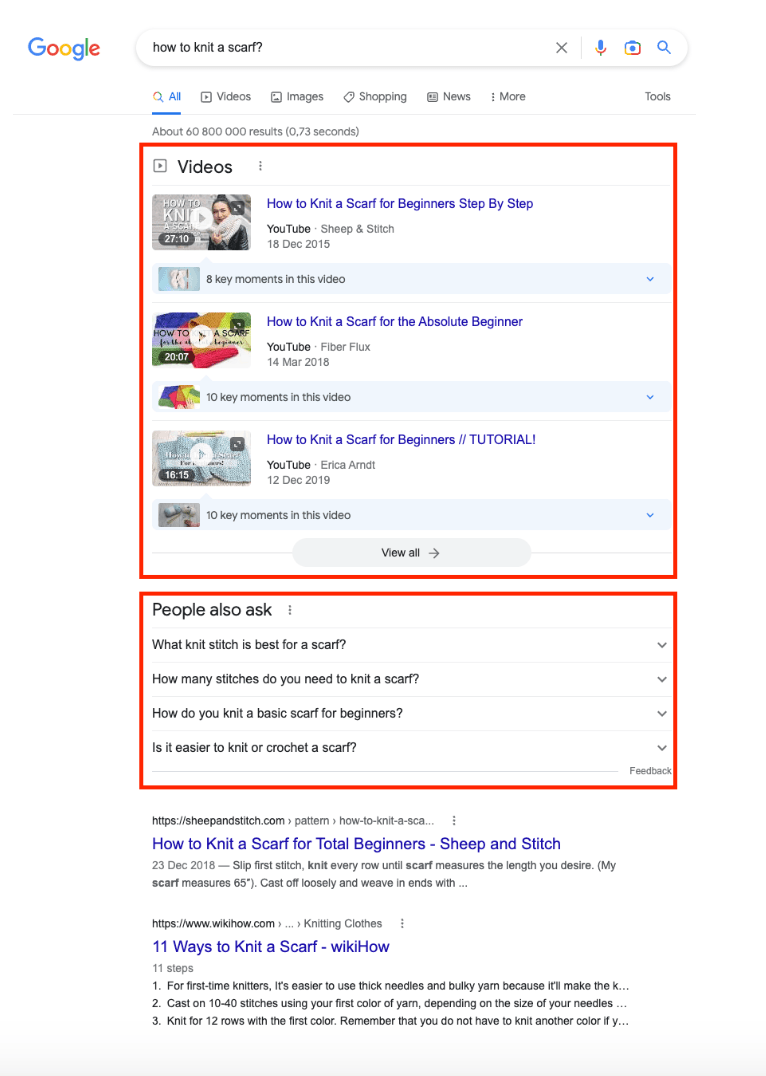 Screenshot from Google search results on how to knit a scarf showing video and questions