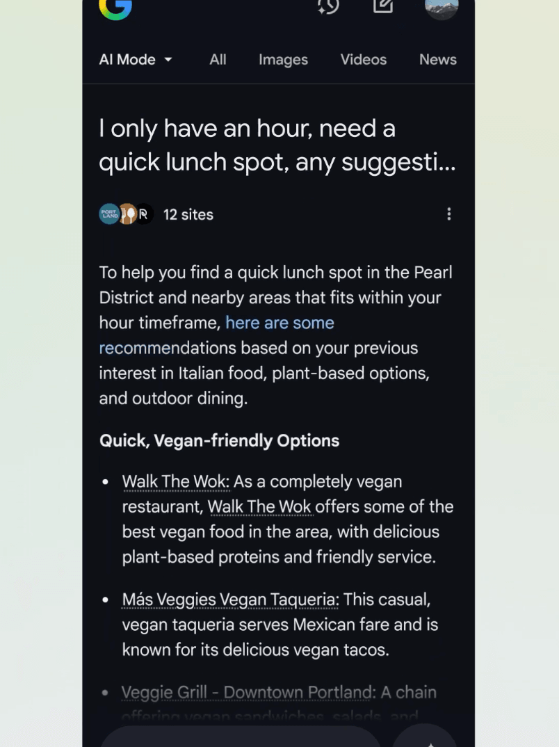 ai mode example for vegan search