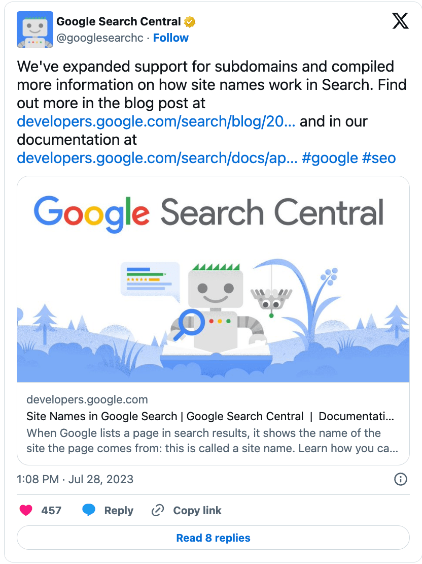 X post from google search central about recent update