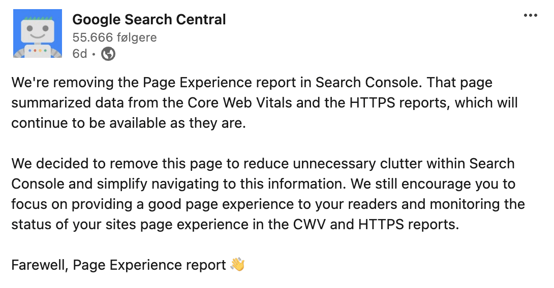 page experience report removed from search console