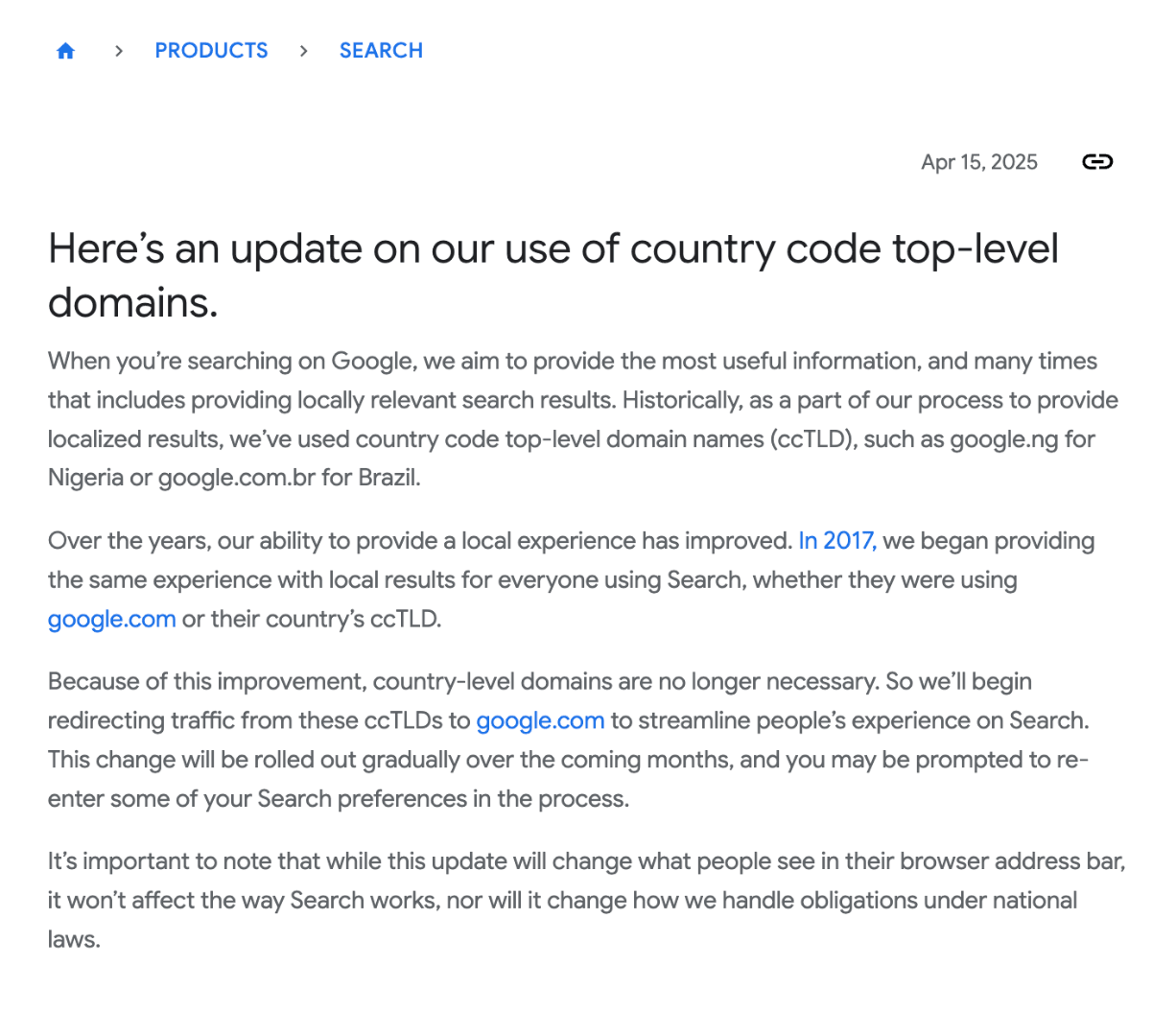 Screenshot of a Google update about using country code top-level domains for local search results, dated April 15, 2025