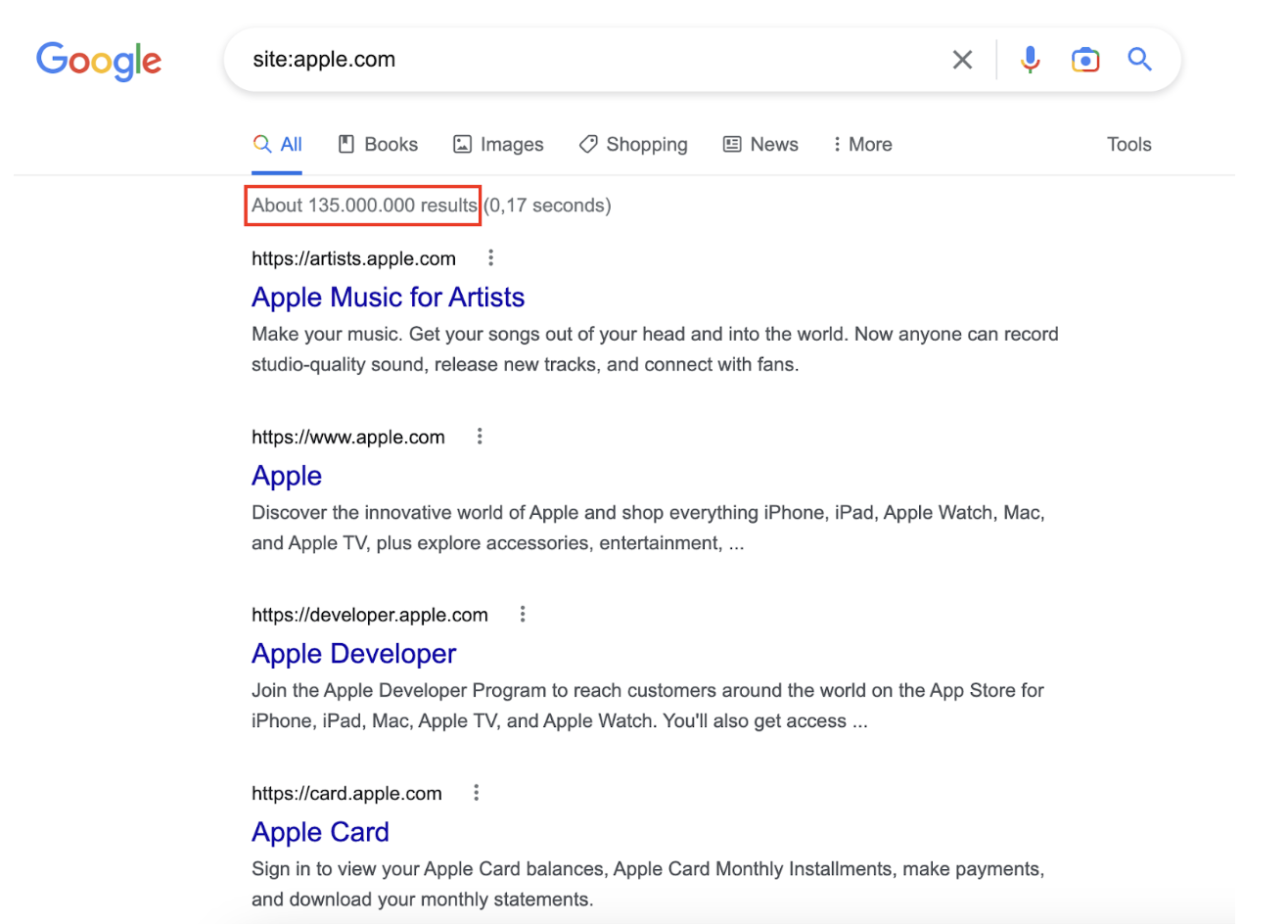 Screenshot of google showing sites that are indexed for apple.com
