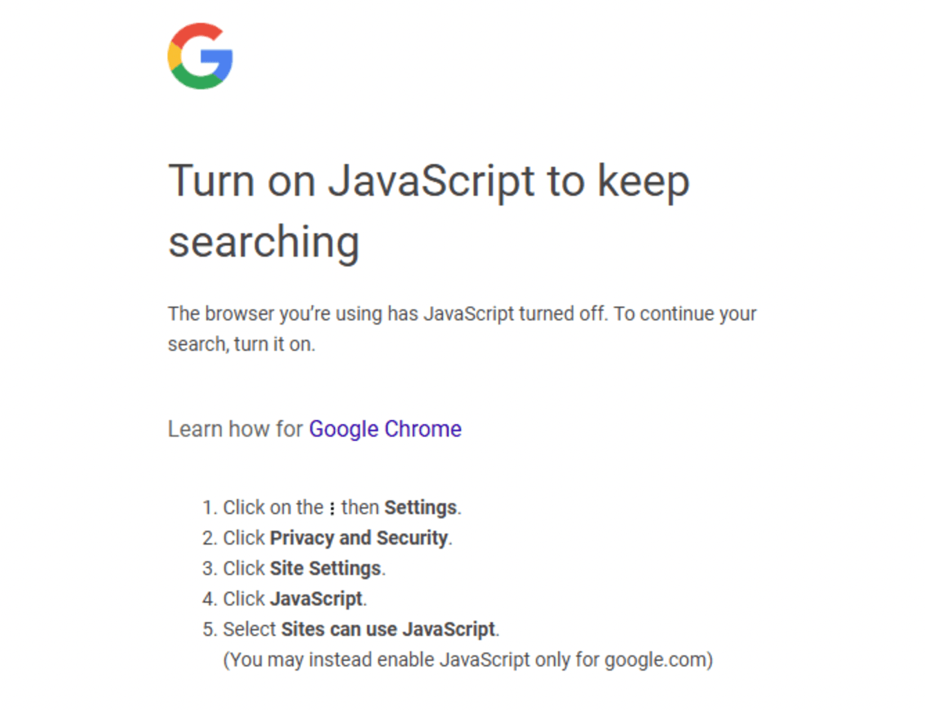 screenshot of google search javascript message