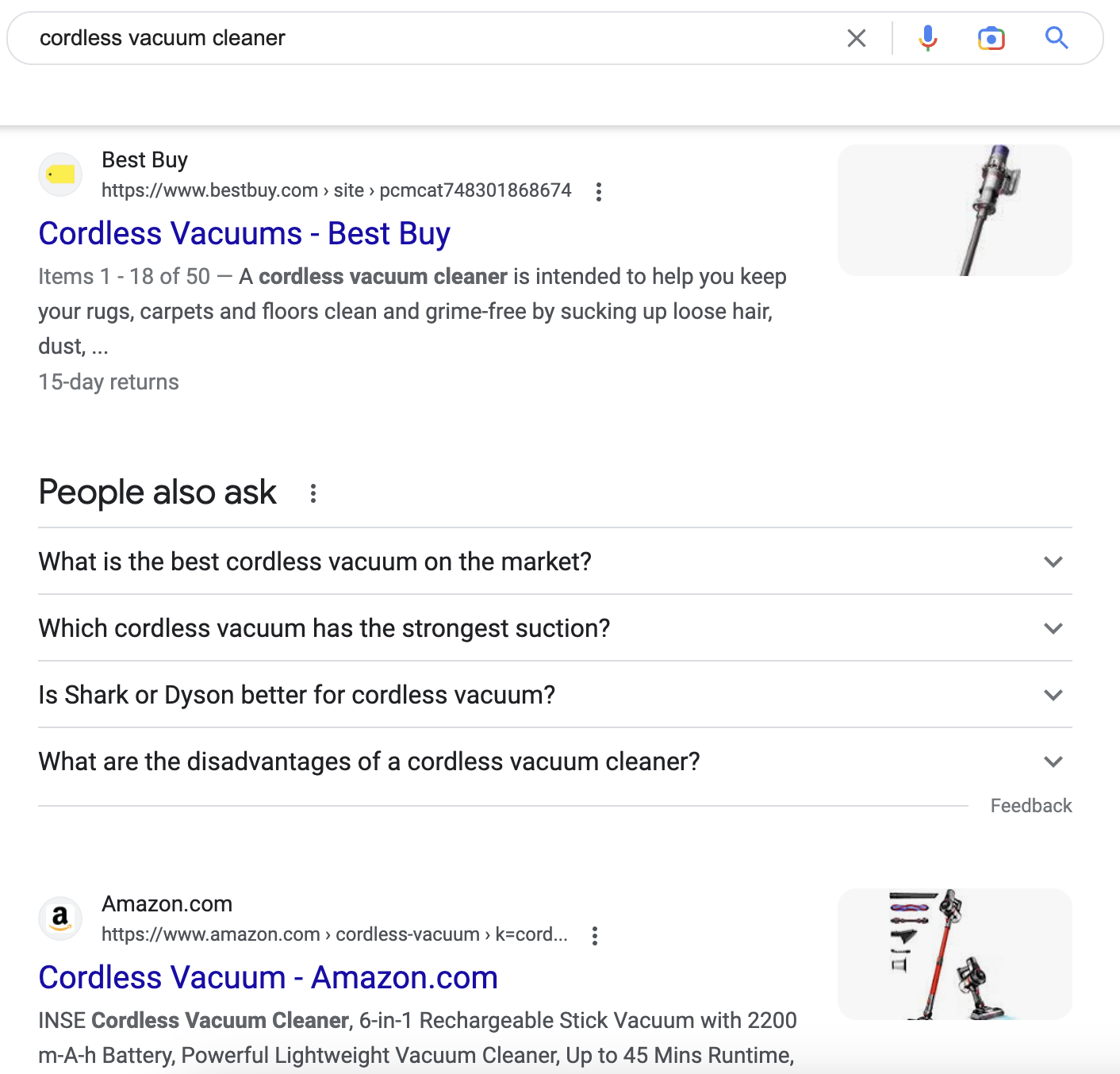 Search results for cordless vacuum cleaner on Google