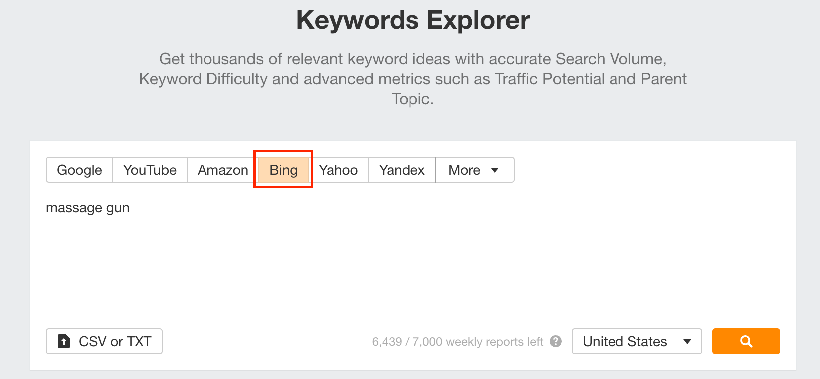 Ahrefs keyword explorer for Bing SEO