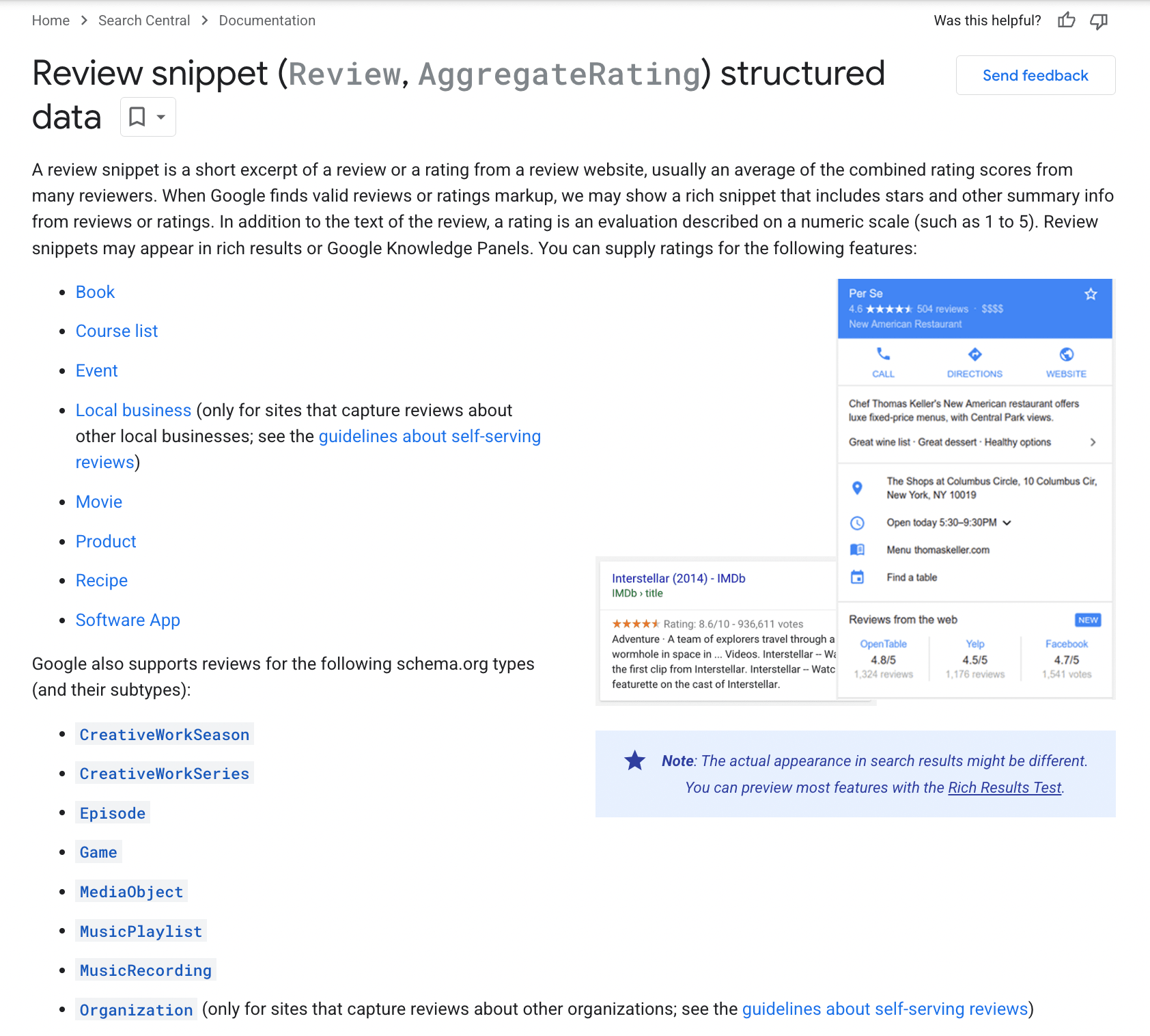 review snippets structured data documentation