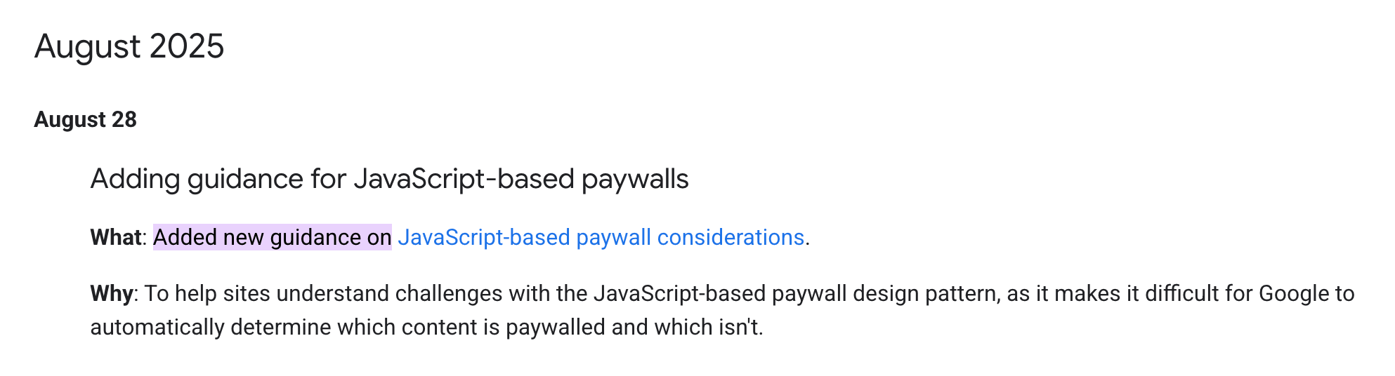 google changelog for javascript based paywall considerations