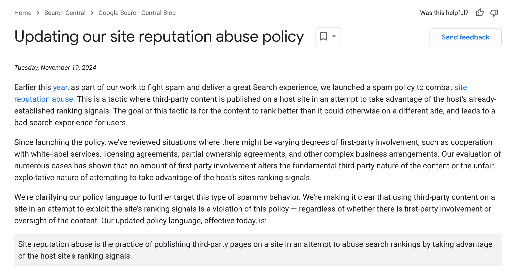 update to google's site reputation abuse policy