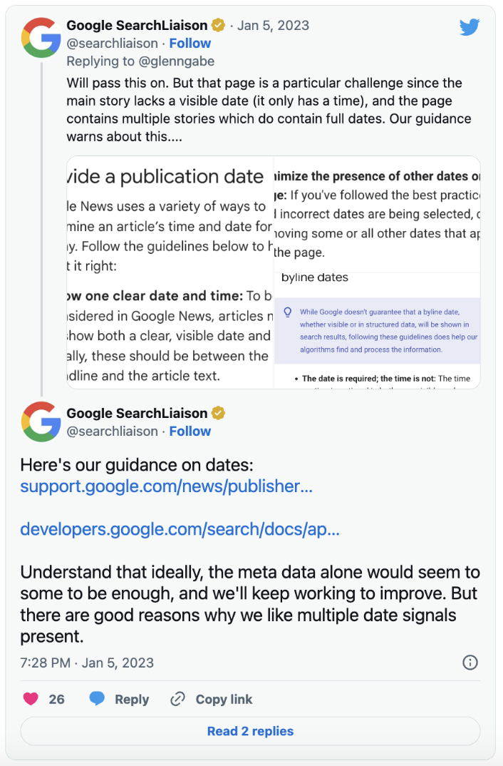 Twitter post from Google about how to use dates in your posts