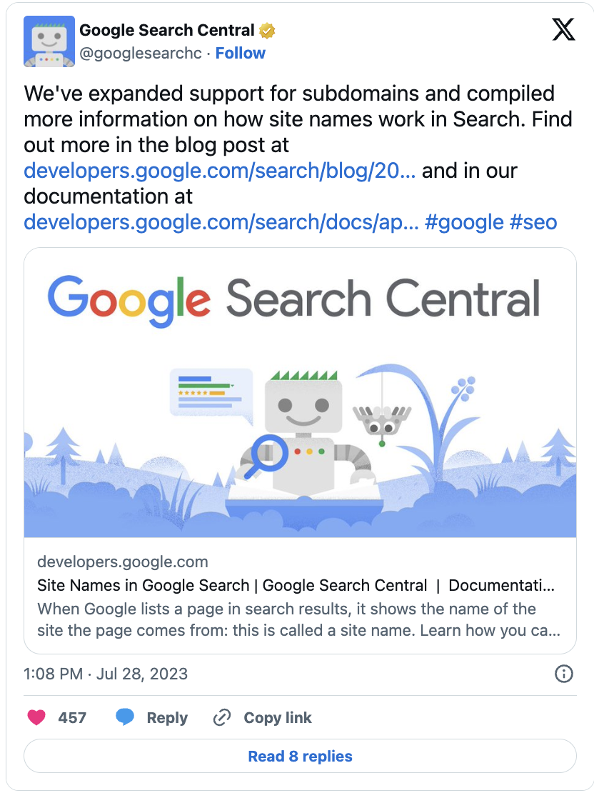 X post from google search central about recent update